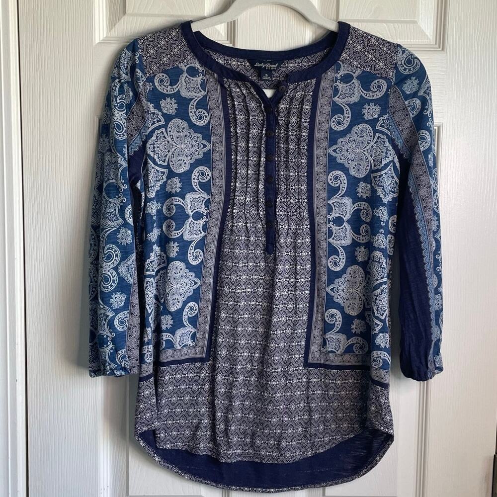 Lucky Brand Top Sz S Pintucks Button Detail 3/4 Sleeves Lightweight Soft Boho